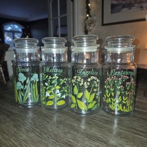 italian vintage  Set of Four Glass Herb Jars with Floral Designs